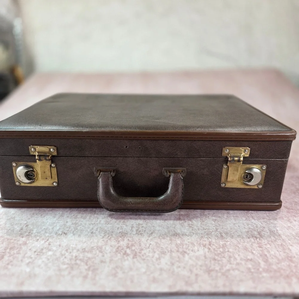 Vintage Hard Shell Leather Attache Briefcase Brown Unique Inner Flap-Lid Brass